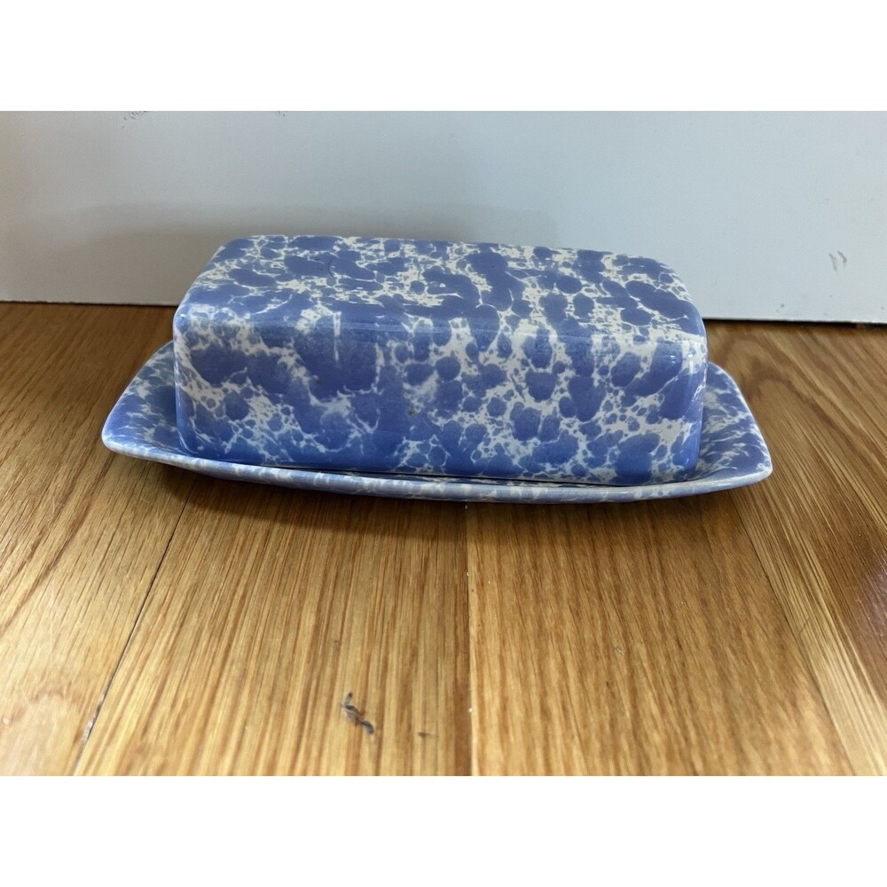 Bennington Potters Stoneware Butter Dish Blue Spongeware 1683 Vermont USA